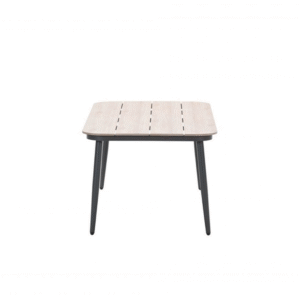 Vooraanzicht van lounge-diningtafel met licht teak tafelblad en zwart onderstel