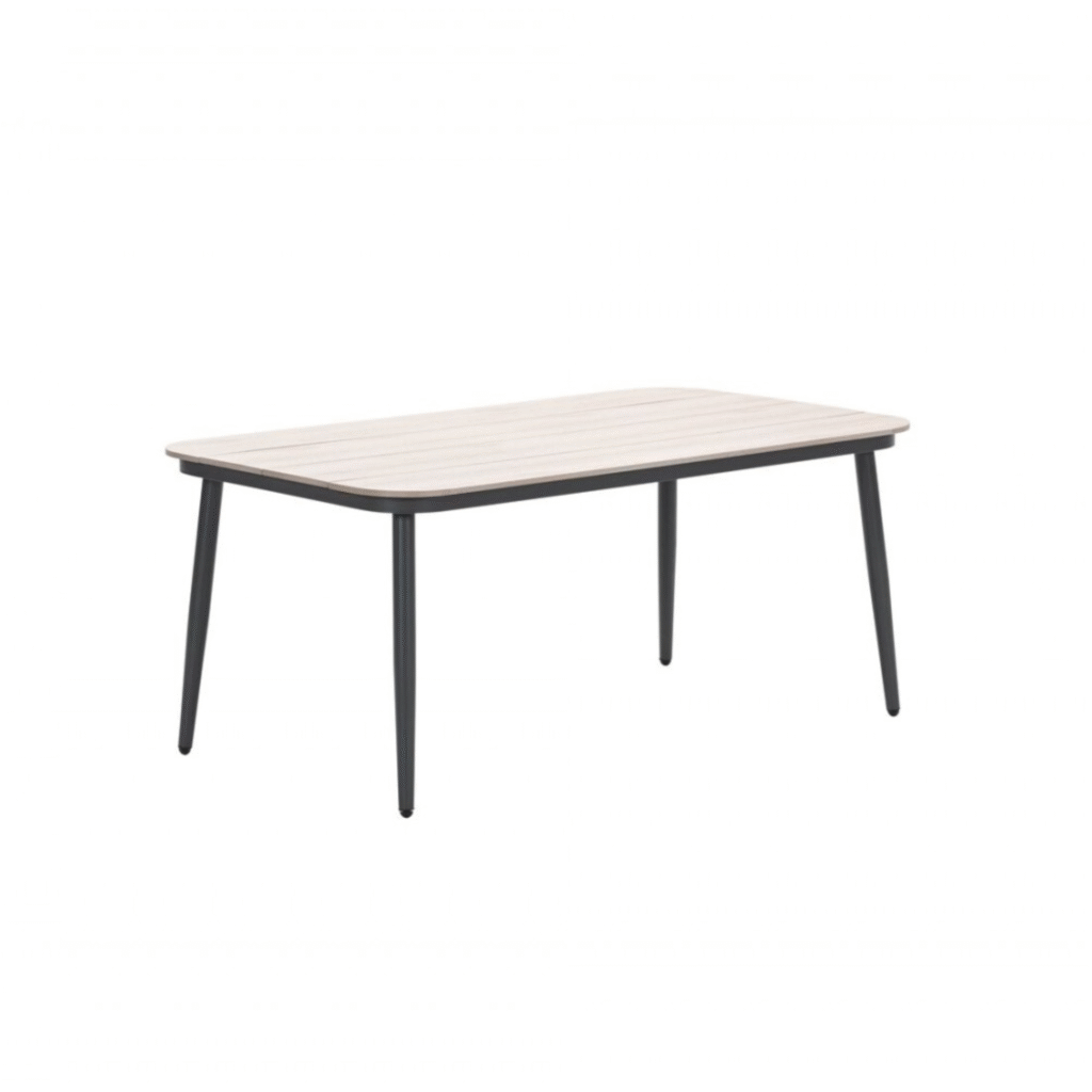 Lounge-diningtafel met carbon black frame en light teak blad - zijaanzicht