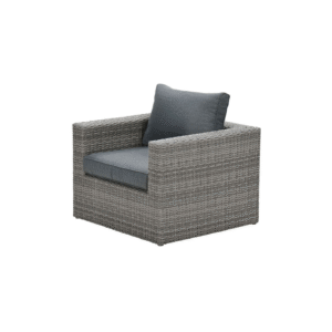 Lounge tuinstoel met grijze wicker afwerking en zwarte kussens