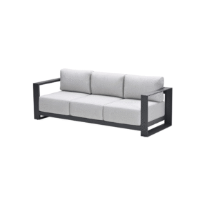 Driezits loungebank met zwart aluminium frame en lichtgrijze kussens