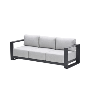 Driezits loungebank met zwart aluminium frame en lichtgrijze kussens