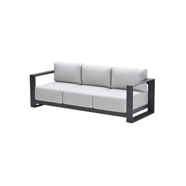 Driezits loungebank met zwart aluminium frame en lichtgrijze kussens