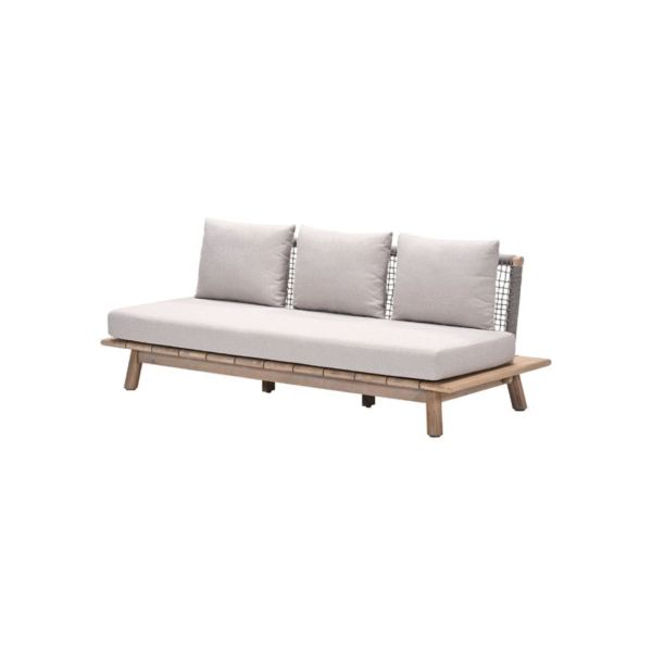 Luxe houten tuinbank met white wash afwerking en comfortabele rugkussens