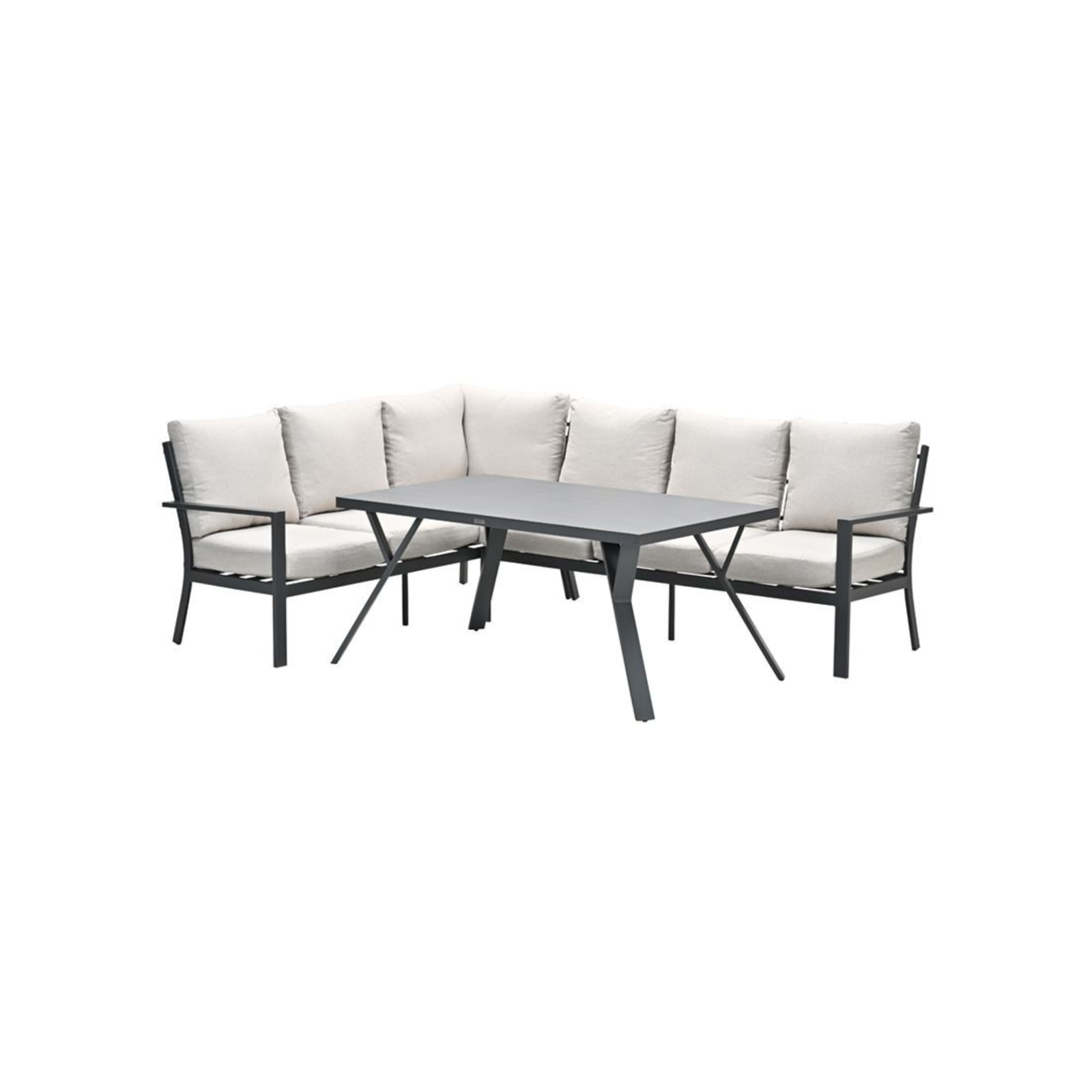 moderne-hoek-lounge-diningset-aluminium-zandkussens Moderne lounge diningset in hoekopstelling met zwarte aluminium frames en zandkleurige kussens
