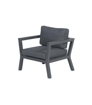Moderne lounge tuinstoel met antraciet aluminium frame en zwarte kussens