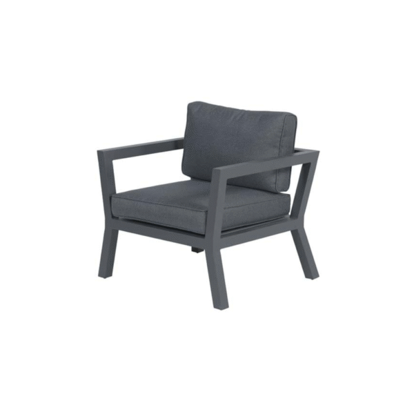 Moderne lounge tuinstoel met antraciet aluminium frame en zwarte kussens