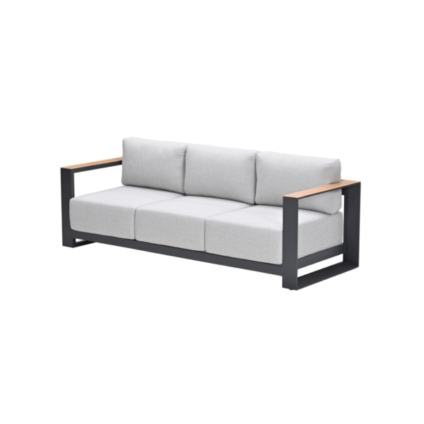 Moderne loungebank met zwart aluminium frame en lichtgrijze kussens