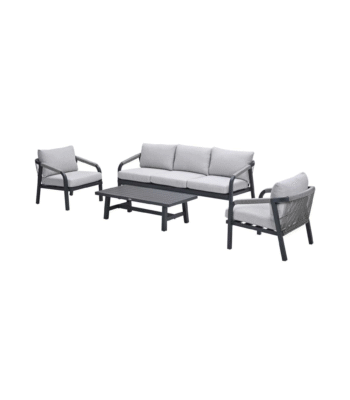 Monti carbon black loungeset met 3-zitsbank, twee stoelen en tafel in taupe aluminium