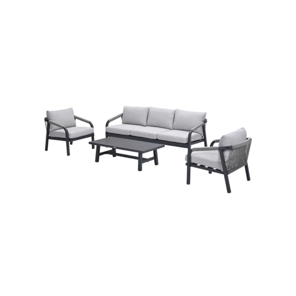 Monti carbon black loungeset met 3-zitsbank, twee stoelen en tafel in taupe aluminium