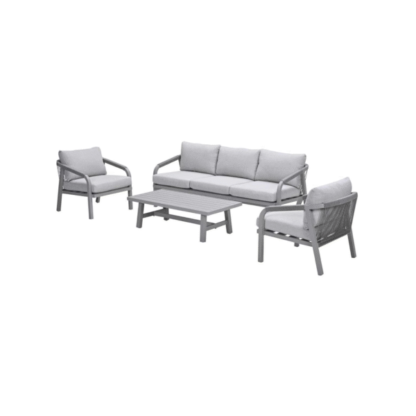 Monti loungeset met 3-zitsbank, twee stoelen en tafel in taupe aluminium