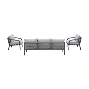 Achteraanzicht van de Monti carbon black loungeset met decoratief touw aan rugleuning