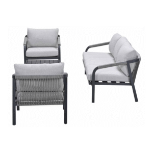 Bovenaanzicht van stoelen en bank van de Monti carbon black loungeset.