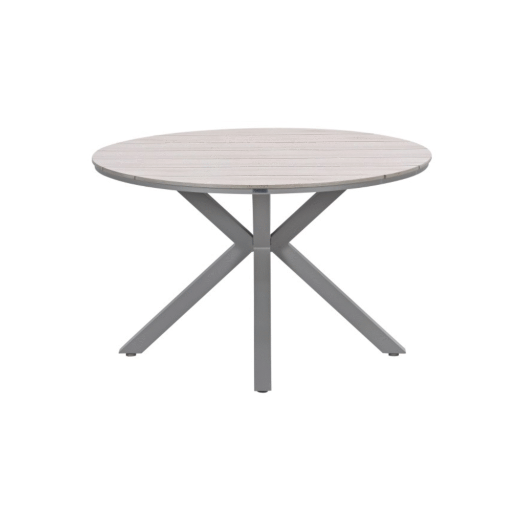 Ronde tuintafel met taupekleurig onderstel en houten look blad in light teak