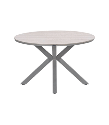 Ronde tuintafel met taupekleurig onderstel en houten look blad in light teak