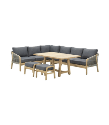 Santos lounge-diningset 5-delig links in acacia white wash met donkergrijs rope en mystic grey kussens