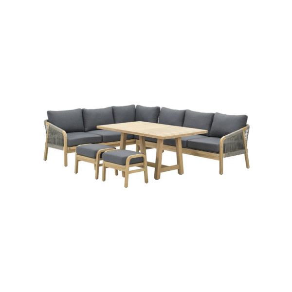 Santos lounge-diningset 5-delig links in acacia white wash met donkergrijs rope en mystic grey kussens
