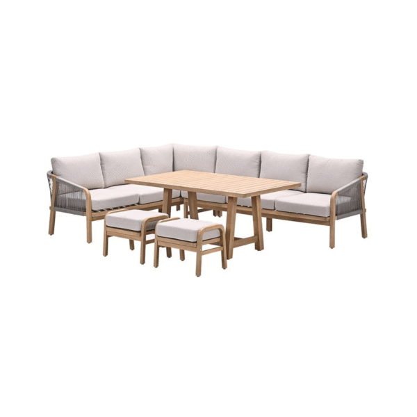 Santos lounge diningset 5-delig links in acacia white wash met rope taupe en grey sand kussens