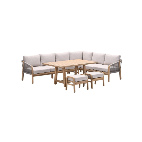 Santos lounge diningset 5-delig rechts in acacia white wash met rope taupe en grey sand kussens