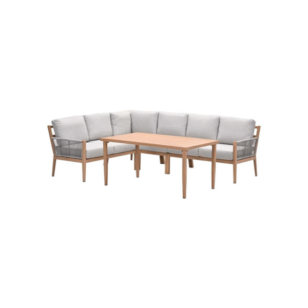 Vooraanzicht van de Sardinia lounge diningset met teaklook frame, zandkleurig rope en lichtgrijze kussens