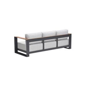 Schuine achteraanzicht van de loungebank met lichtgrijze kussens en open rug