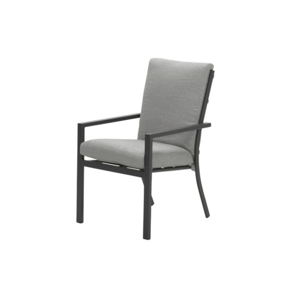Garden Impressions Sergio dining tuinstoel met zwart aluminium frame en grijze kussens - schuin vooraanzicht