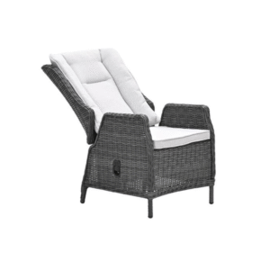 Verstelbare tuinstoel in grijs vlechtwerk met rugleuning in ligpositie