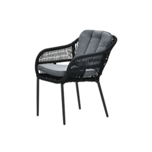 Tuinstoel met zwarte rope zitting en licht kussen op zwarte poten