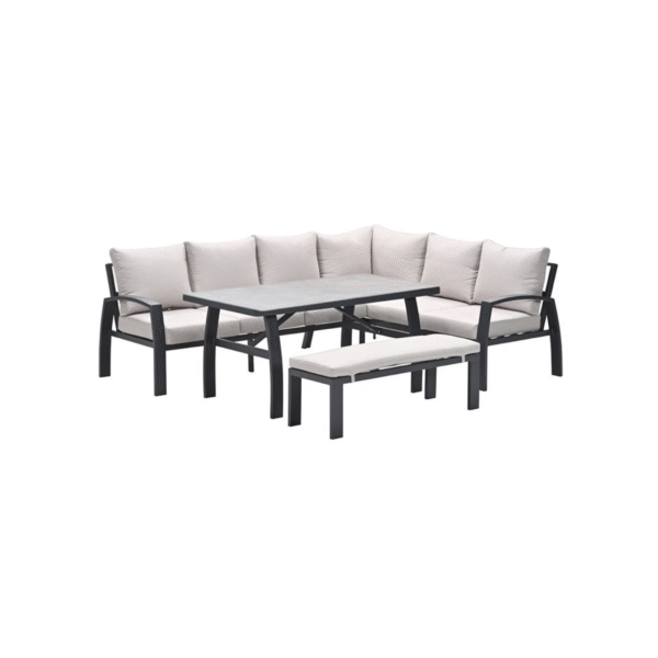 Vasano lounge dining hoekset met keramisch glazen tafelblad en beige kussens