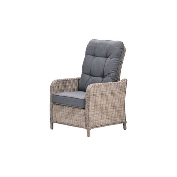 Verstelbare wicker dining tuinstoel met hoge rugleuning en grijze kussens