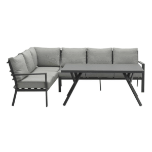 Voorzijde van Sergio loungeset links met rechte opstelling en metalen tafel