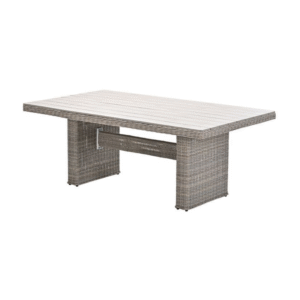 Rechthoekige wicker lounge-diningtafel met licht teakhouten blad