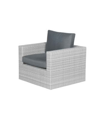 Moderne wicker lounge tuinstoel in vintage grijs met zwarte kussens - schuin vooraanzicht