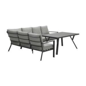 Zijaanzicht van Sergio loungeset met moderne tafel en gestoffeerde zitplaatsen