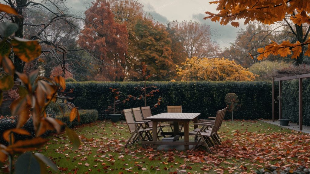 Herfsttuin met tuintafel en stoelen op gazon bedekt met herfstbladeren