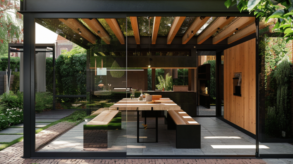 Moderne buitenkeuken met houten details en glazen schuifwanden