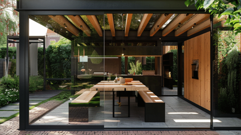 Moderne buitenkeuken met houten details en glazen schuifwanden