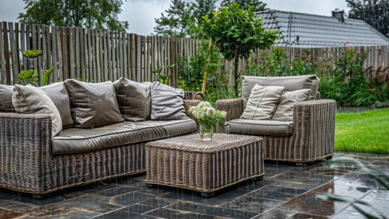 Regenbestendige wicker loungeset met kussens op nat terras in moderne tuin