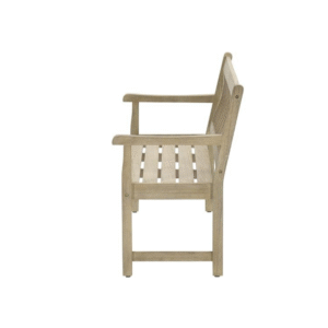 Zijaanzicht van Paco houten tuinbank met armleuning in white wash eucalyptus