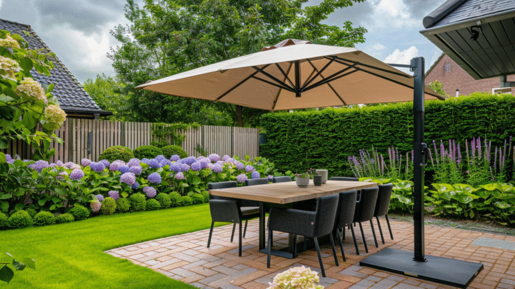 Moderne tuin met zweefparasol boven eettafel en bloeiende hortensia's