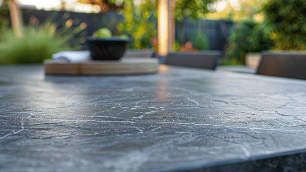 Keramieken tuintafel close-up met matte afwerking in een moderne tuin