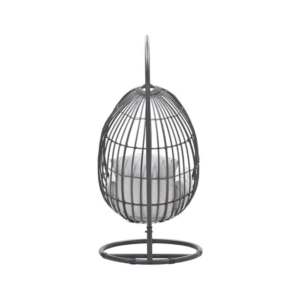 Panama hangstoel eivorm met grijze kussens en ronde voet, frontaal