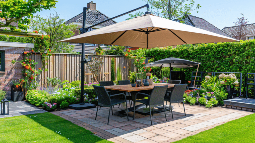 zweefparasol met beige doek boven tuintafel in moderne achtertuin